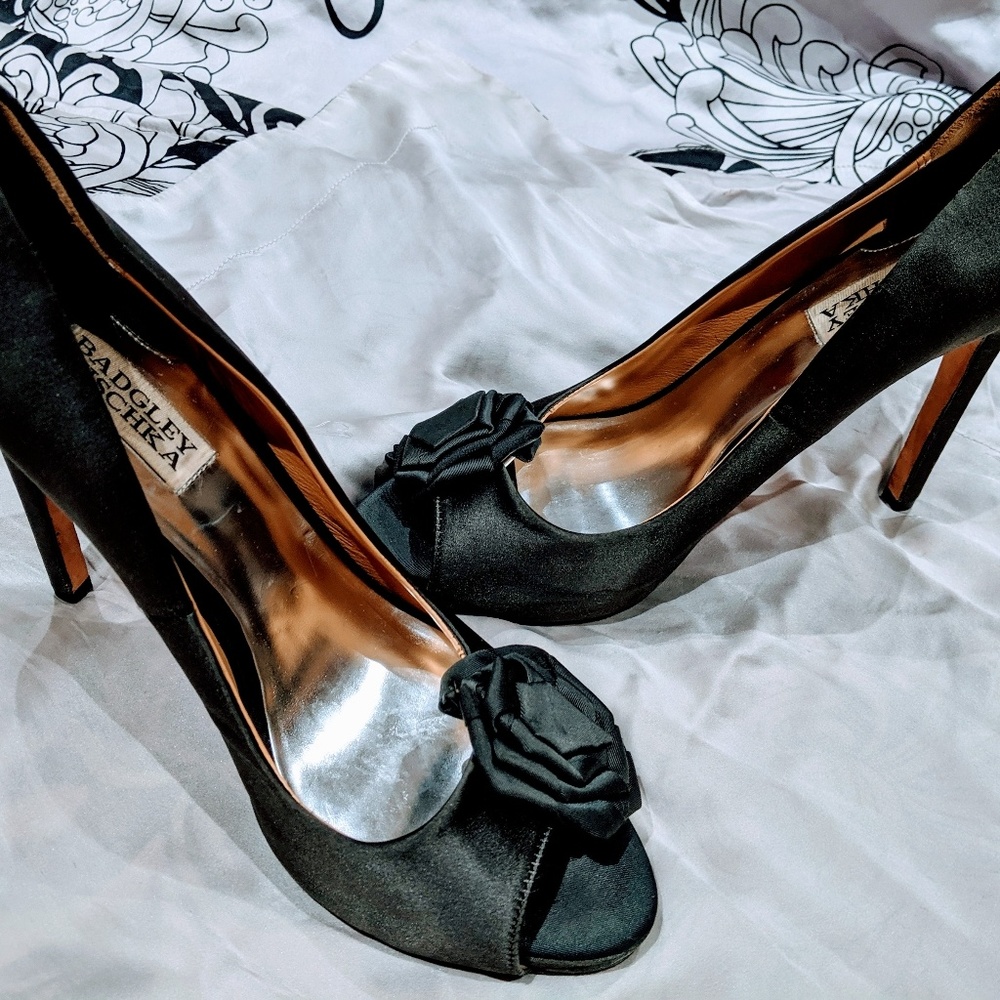 Satin black mischks badgley high heels w/flower